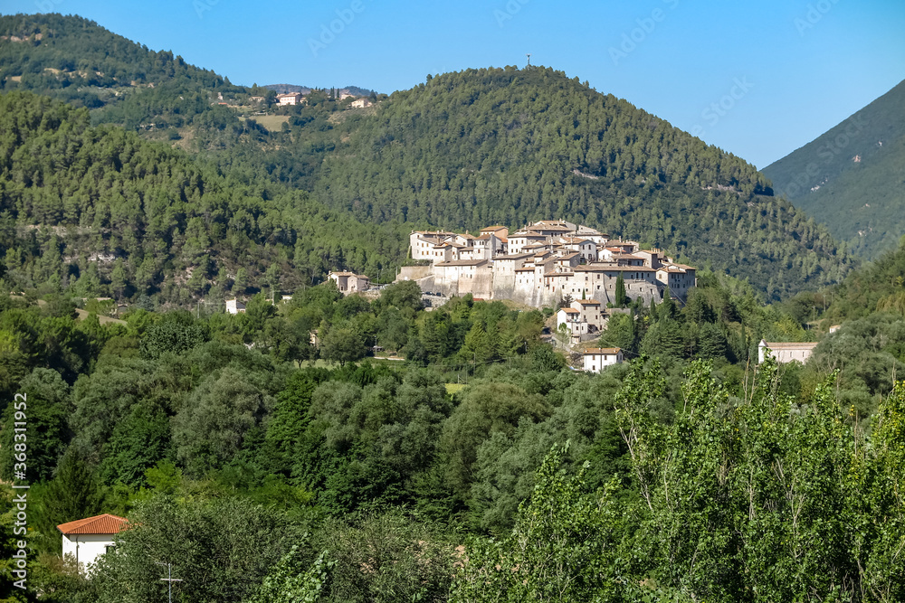 Ancient fortified village from the 12th century, on top of a hill, between forest and mountains, Castel San Felice, Umbria region, Perugia province, Italy