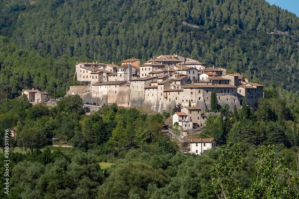 Ancient fortified village from the 12th century, on top of a hill, between forest and mountains, Castel San Felice, Umbria region, Perugia province, Italy