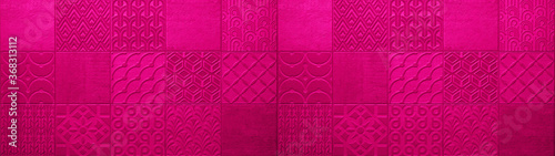 Dark pink magenta abstract vintage retro geometric square mosaic motif cement tiles texture background banner panorama