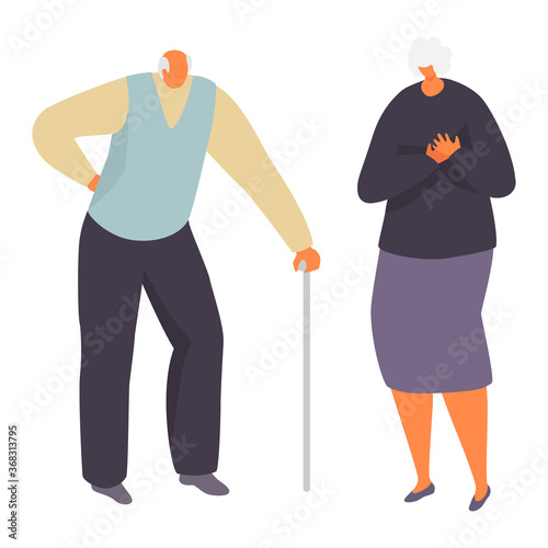 Elderly people woman man character, group sick risk, old male standing walking stick female heart pain isolated on white, cartoon vector illustration. Poor health conditions old people.