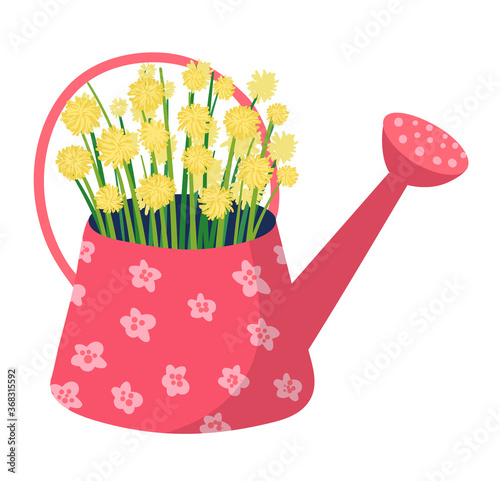 Spring watering can with garden flower, springtime mood wild floret isolated ...