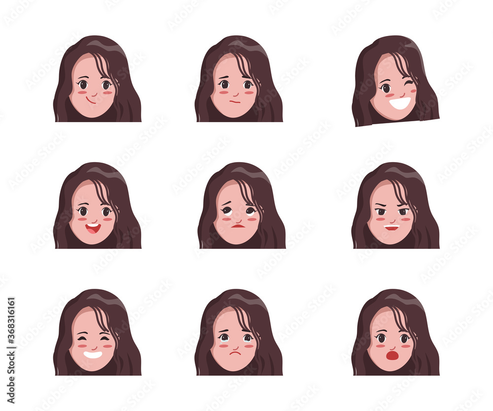 Set of emotions face young woman. Set of emotions face young woman.