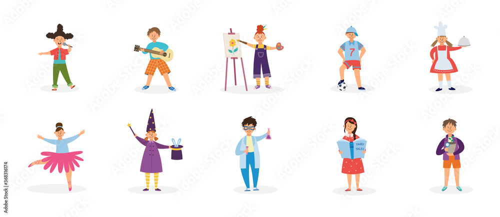 Childrens creative hobbies and outside interests vector illustration isolated. Childrens creative hobbies and outside interests vector illustration isolated.