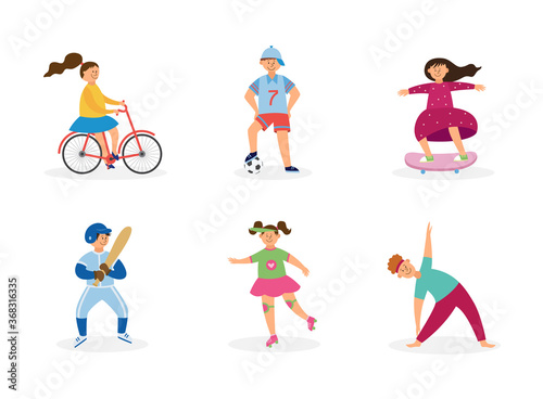 Children sports set of kids perform sport activity vector illustration isolated.