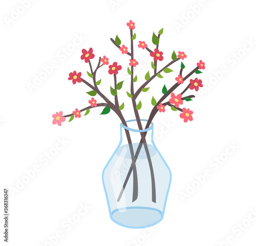 Spring glass transparent jug with twig flower, springtime mood wild floret is...