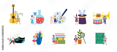 Supplies for childrens hobbies and interests flat vector illustration isolated.