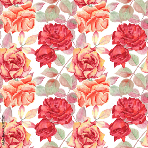 Posh  bright and passionate seamless pattern with scarlet and orange roses and light leaves. Watercolor hand painted illustration  masterpiece. Elegant and classic.
