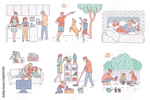 Family leisure and recreation activity set sketch vector illustration isolated .