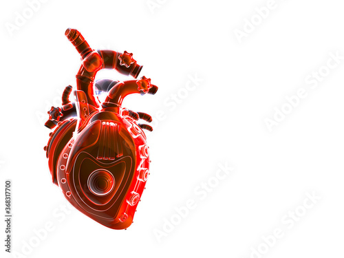 robotic artificial human heart with metallic steam punk pieces. Futuristic concept of organ transplantation. 3D illustration