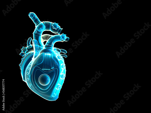 robotic artificial human heart with metallic steam punk pieces. Futuristic concept of organ transplantation. 3D illustration