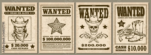 Photographie Set of vintage western cowboy style Wanted posters sketch vector illustration