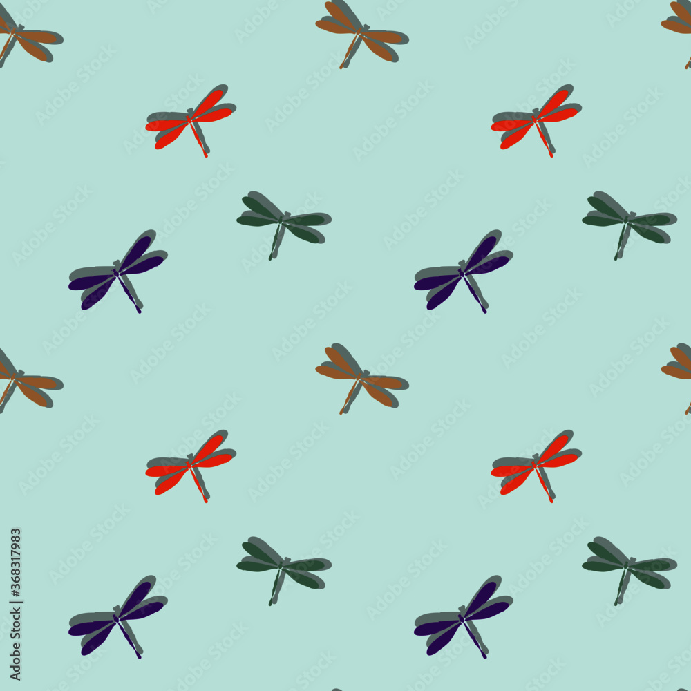 Fototapeta premium colorful dragonfly flying bug insect fly nature seamless pattern vector dragonfly with shadows allover print background