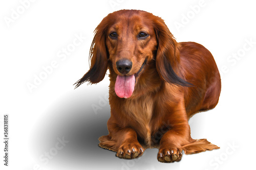 Portrait of a dog breed longhair Dachshund bright red color on a white background. photo