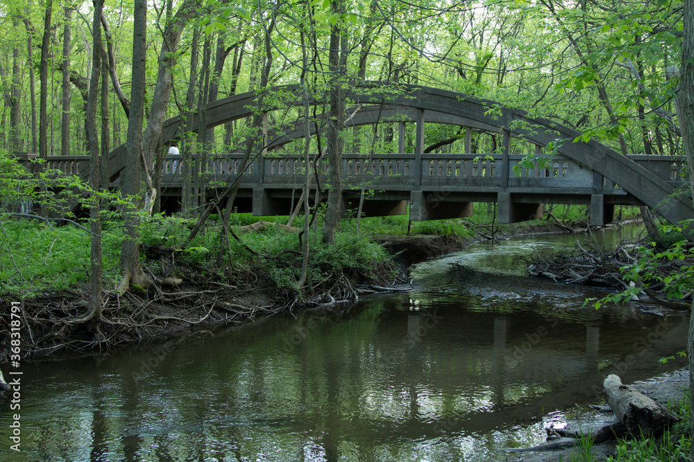 An historic concrete bridge spanning a creek in the forest