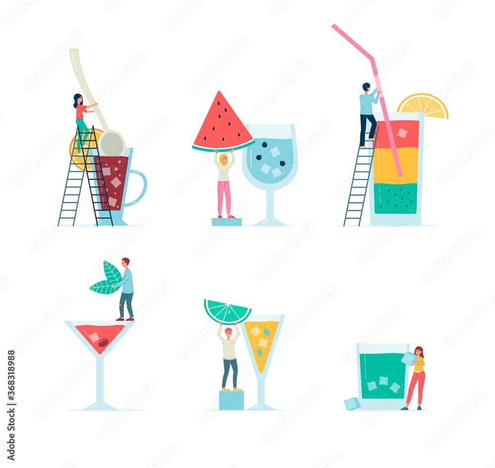 Set of tiny people making summer cocktails, flat vector illustration isolated. Set of tiny people making summer cocktails, flat vector illustration isolated.