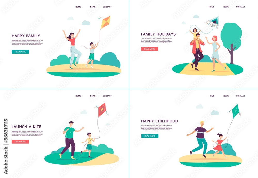 Happy family flying a kite in summer park - cartoon banner set