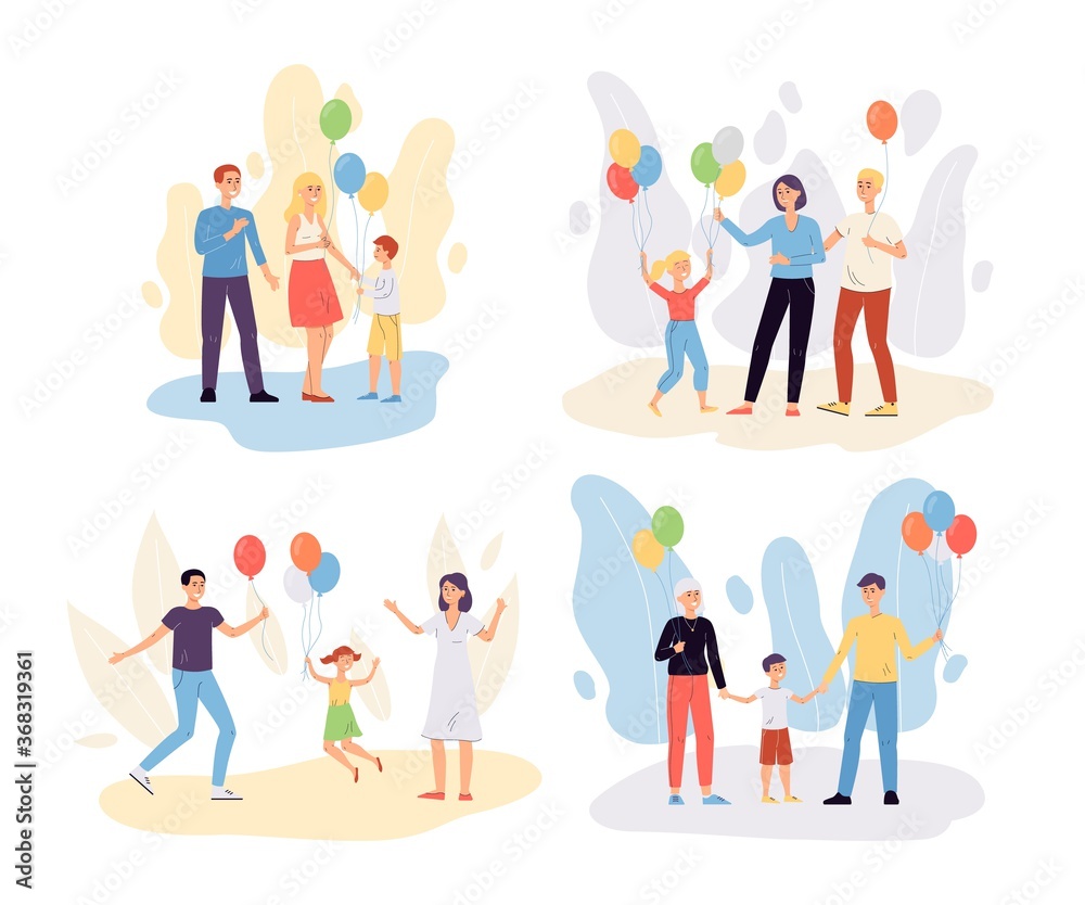 Happy family with helium balloons - set of cartoon people with children