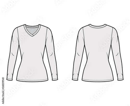 V-neck jersey sweater technical fashion illustration with long sleeves, close-fitting shape, tunic length. Flat outwear apparel template front back grey color. Women men unisex shirt top CAD mockup