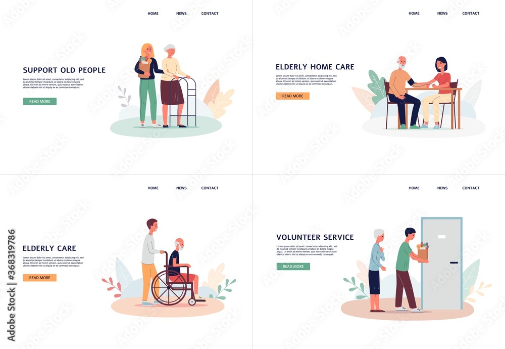Old people support and volunteer help banners set of flat vector illustrations.