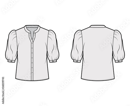 Stand collar shirt technical fashion illustration with elbow puff sleeve, front button-fastening, loose silhouette. Flat apparel blouse template front back grey color. Women, men unisex top CAD mockup