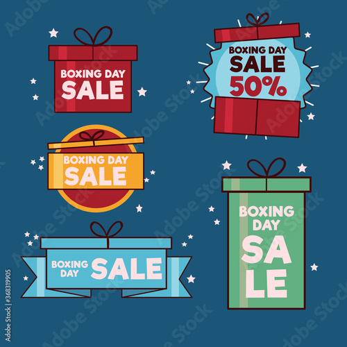 Hand drawn boxing day sale badge in gift boxes shape