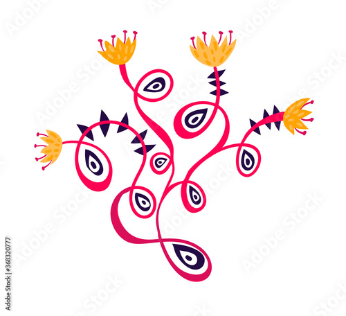 Yellow and red flower, spring blossom grow up isolated on white, cartoon vect...