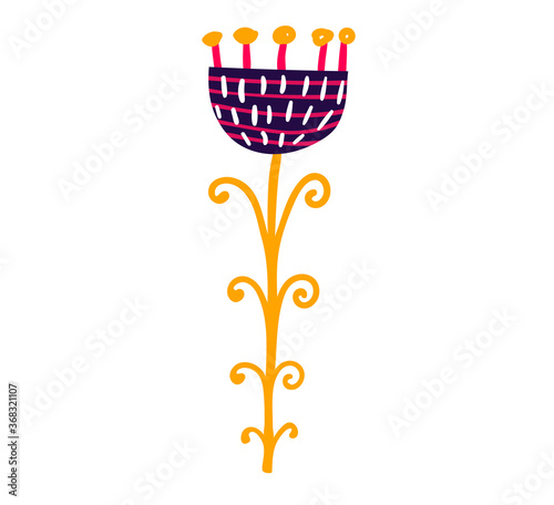 Yellow and red flower, spring blossom grow up isolated on white, cartoon vect...
