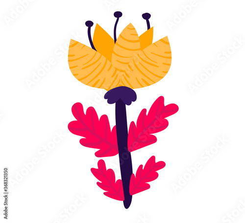 Yellow and red flower, spring blossom grow up isolated on white, cartoon vect...
