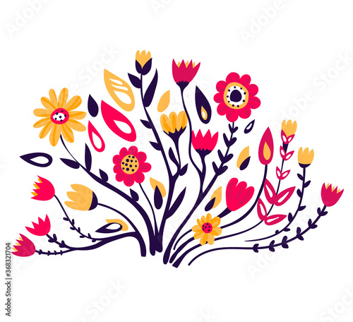 Yellow and red flower, spring blossom grow up isolated on white, cartoon vector illustration. Two fall floret, pick gift plants. Female different flower, green leaf on peduncle stem.