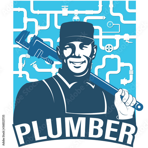 Plumber with spanner for plumbing repair and service