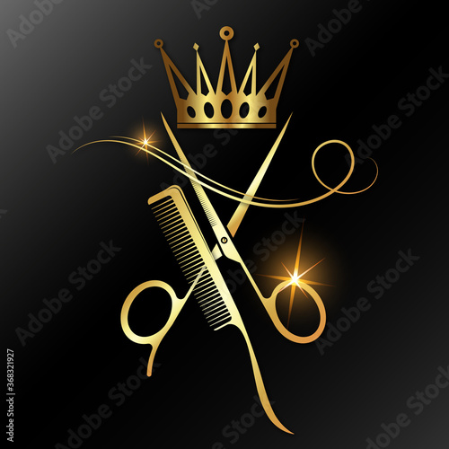 Scissors with a lock of hair and a golden crown comb. Design for a beauty salon and stylist