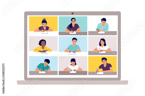 Online class. School learning, study from home via teleconference or web video conference call. Emergency school, college test or course element. Vector illustration.