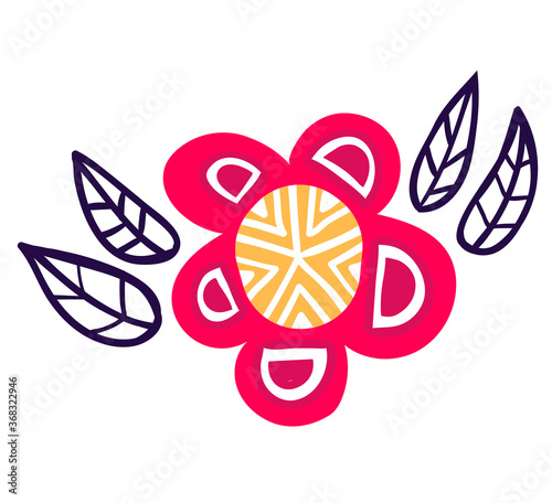 Yellow and red flower, spring blossom grow up isolated on white, cartoon vect...