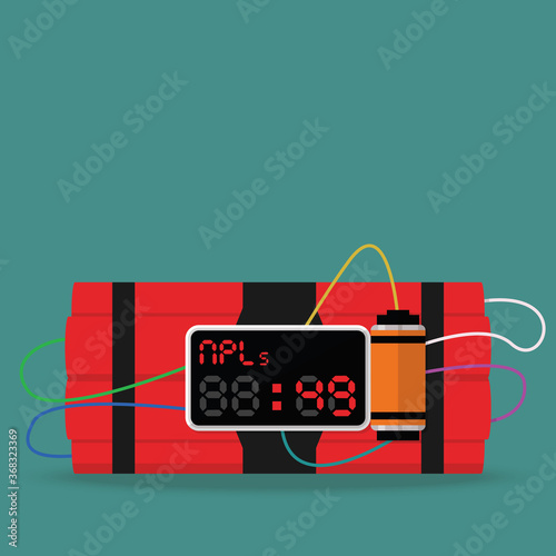NPL, Non-Performing Loan business concept. Design by NPL text on the LED explosion countdown clock with Tnt time dynamite bomb. Vector illustration of bankruptcy economic crisis
