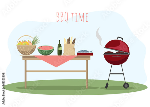 Barbecue time illustration. Grill and table with food
