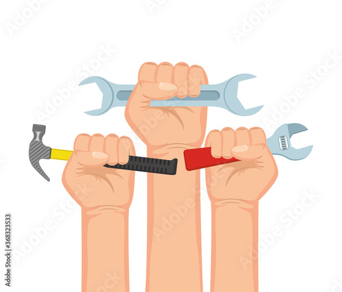 hands with tools construction set equipment icons