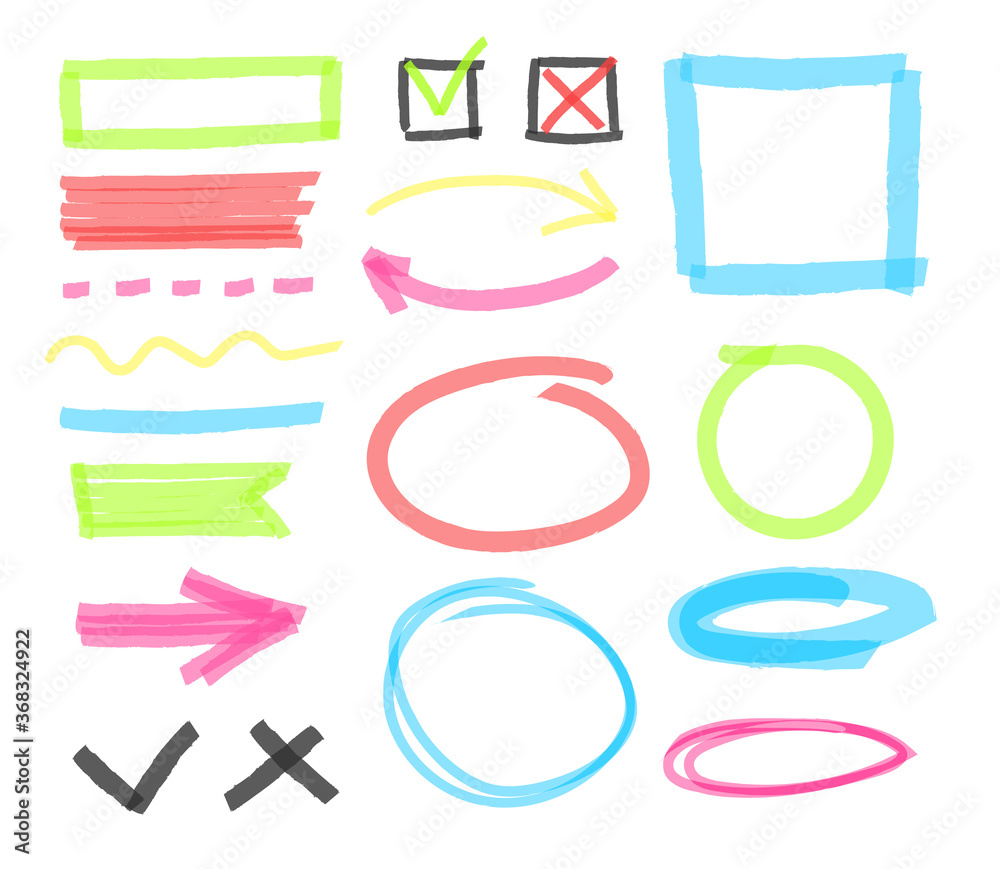 Collection of abstract hand-painted marker. Vector set of colorful highlighter marks, strokes, stripes and arrows. Highlighted marker design elements. isolated on white background. 