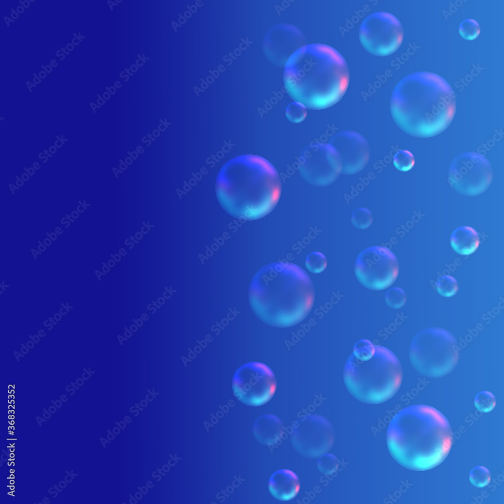 Digital generated illustration - scattering transparent  spherical particles of gas or water drops. Abstract gradient blue background, space for text. Freshness, or chemical dispersion concept