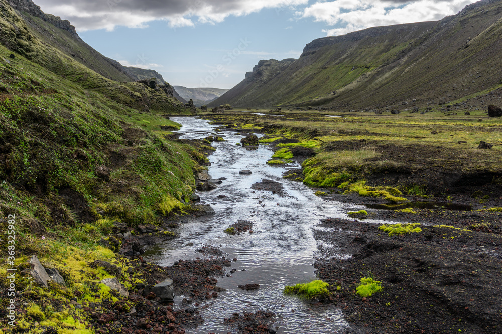 Amazing, volcanic landscape of the Eldgjá canyon, a volcanic canyon in the Vatnajokull National Park, deep inside the central highlands of Iceland.