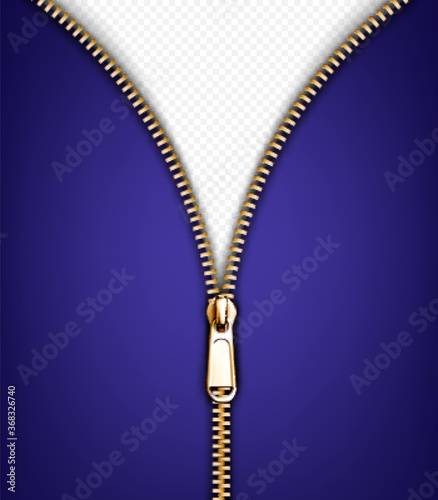 Zip fastener, open gold metal zipper with puller on purple fabric. Unzip clothing hardware, apparel accessory, lock for garment isolated on transparent background, Realistic 3d vector illustration