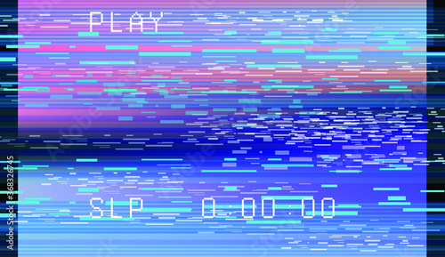 Abstract background with pixel noise artifacts. Glitched old-school screen with digital datamoshing VHS effect, an old analog video recording on tape cassette.