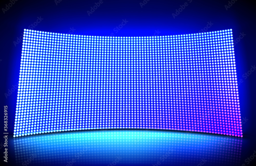 Concave led wall video screen with glowing blue and purple dot lights.  Vector illustration of grid