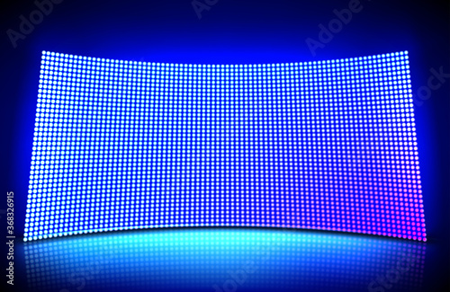 Concave led wall video screen with glowing blue and purple dot lights. Vector illustration of grid pattern for led display on stadium or scene. Curved digital panel with mesh of diode lamps