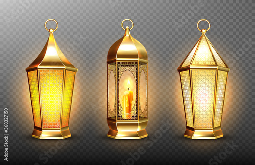 Vintage gold arabic lanterns with glowing candles. Vector realistic set of hanging luminous lamps with golden arabian ornament. Islamic shining fanous isolated on transparent background photo