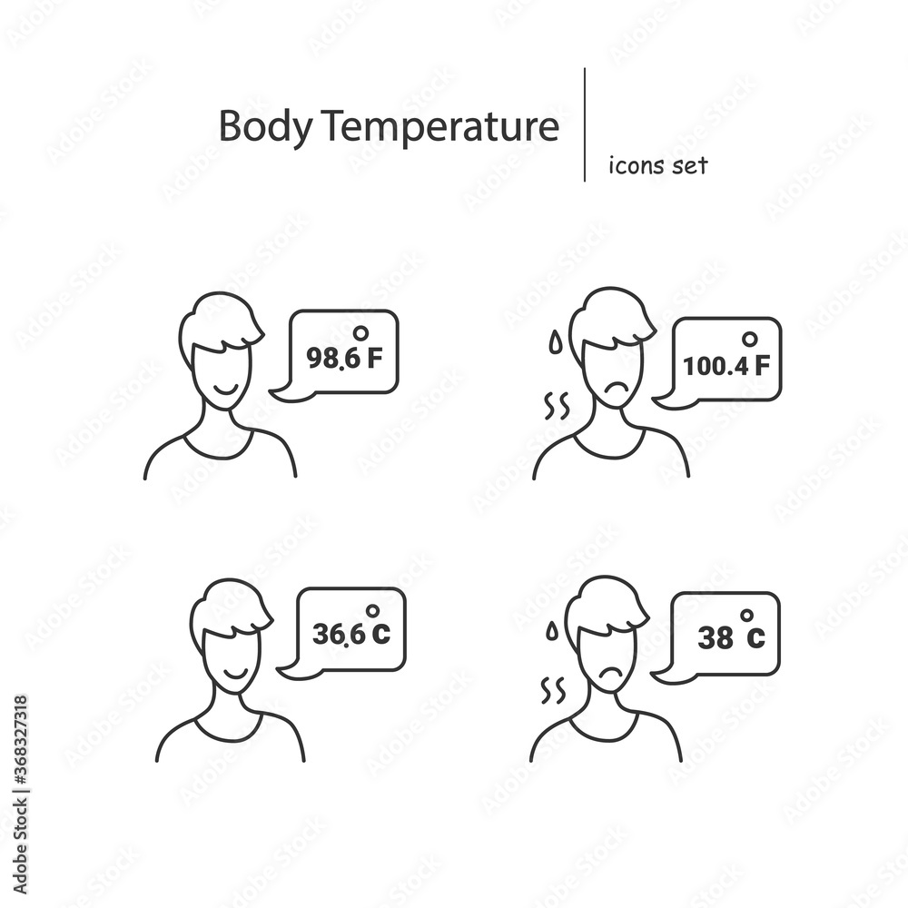 Body temperature icons set. Person reporting normal and elevated Celsius and Fahrenheit body temperature linear pictogram. Concept of corona virus sign and symptoms.Editable stroke vector illustration Body temperature icons set. Person reporting normal and elevated Celsius and Fahrenheit body temperature linear pictogram. Concept of corona virus sign and symptoms.Editable stroke vector illustration
