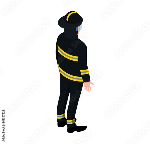 Professional male character fireman extinguish fire standing with water hose isolated on white, isometric vector illustration. Man firefighter full suit, employer emergency service, dangerous work.