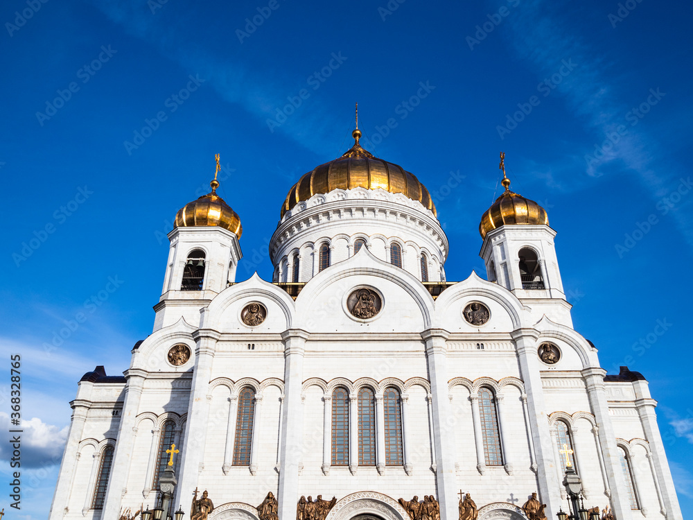 view of North facade of Cathedral of Christ the Saviour in Moscow city in sunny summer evening