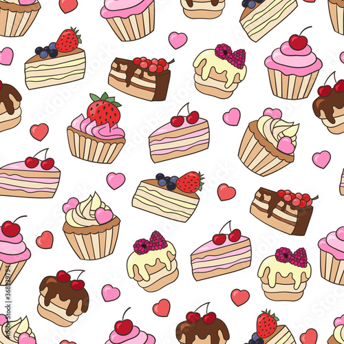 Seamless pattern with a set of sweet cakes with berries
