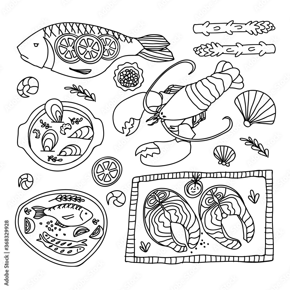 Hand drawn seafood. Fish vector illustration.