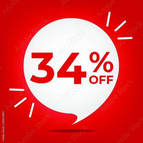 34% off. Banner with thirty-four percent discount. White bubble on a red background vector.